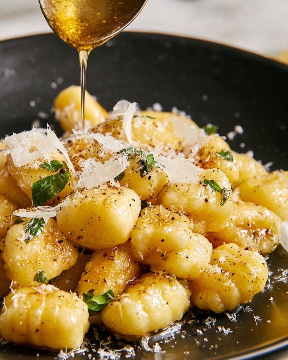 A close-up view of soft, plump gnocchi pieces arranged in a pile on a dark plate. The gnocchi are golden-yellow with a light, slightly browned texture from being cooked. Small bits of green herbs are scattered throughout the gnocchi, adding subtle color contrast. Freshly grated white cheese is sprinkled on top, giving a soft, fluffy layer over the gnocchi. A spoon hovers above with golden-brown sauce dripping down onto the gnocchi, adding a glossy sheen. The whole scene rests on a white marbled texture background. Photo taken with an iphone --ar 4:5 --v 7