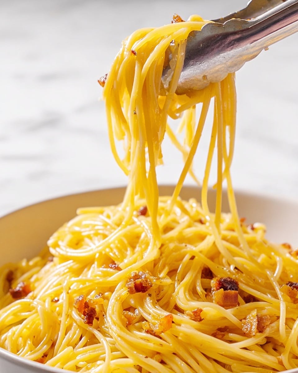 A close-up of cooked spaghetti pasta lifted by silver tongs from a white bowl filled with more spaghetti. The pasta is shiny and yellow, mixed with small brown bits of what looks like bacon or pancetta scattered evenly throughout. The noodles are thin and smooth, glistening with oil or sauce, and some strands are hanging loosely from the tongs in the air. The background is a white marbled texture. photo taken with an iphone --ar 4:5 --v 7