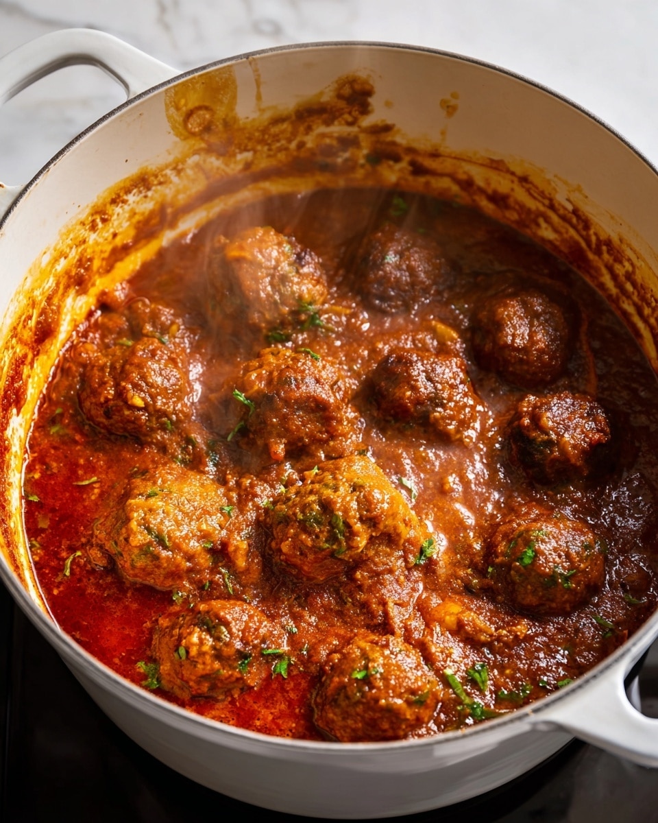 A white pot filled with a thick reddish-brown stew with visible oil separating on the surface, containing several round meatballs that have bits of green herbs inside and a slightly rough texture, some partially submerged and some fully covered in the sauce, with steam rising and sauce splattered up the sides of the pot, all set against a white marbled texture background. photo taken with an iphone --ar 4:5 --v 7
