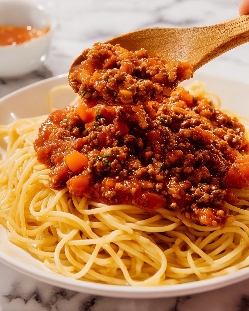 A close-up of a white plate filled with cooked spaghetti forming the bottom layer, light yellow and smooth with a shiny surface. On top, there is a thick layer of chunky meat sauce, rich red and brown in color with visible bits of ground meat, diced tomatoes, and small herbs. A woman's hand is holding a wooden spoon, scooping up some sauce above the pasta. The plate is set on a white marbled surface with a small white bowl blurred in the background. Photo taken with an iphone --ar 4:5 --v 7