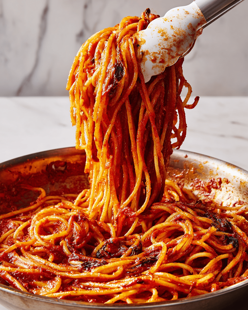 A close-up view of spaghetti covered in rich red tomato sauce with slightly charred spots throughout the noodles, creating a mix of deep orange and dark brown tones. The spaghetti strands are lifted by white tongs with some sauce residue visible on the tool, and the base shows more tangled spaghetti in sauce inside a metal pan. The background features a white marbled texture. photo taken with an iphone --ar 4:5 --v 7