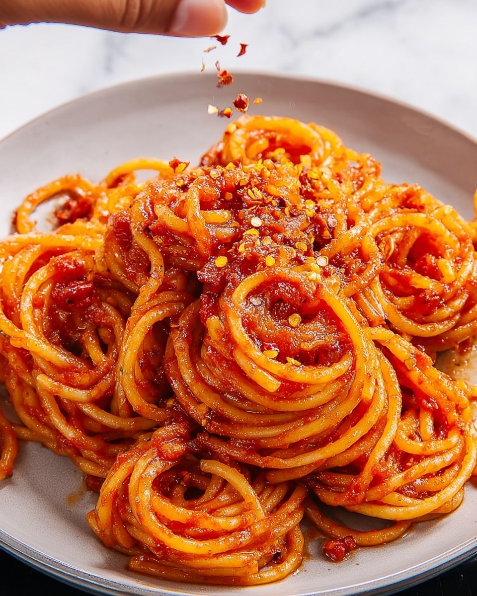 The image shows a close-up of several small round nests of spaghetti coated in a shiny, bright red sauce with visible flakes of red chili and bits of garlic scattered on top. The noodles are thick and twisted tightly into small bundles, placed on a white plate with a smooth texture, set against a white marbled surface. A woman's hand is seen sprinkling some additional red chili flakes over the pasta, adding a spicy finish to the dish. photo taken with an iphone --ar 4:5 --v 7