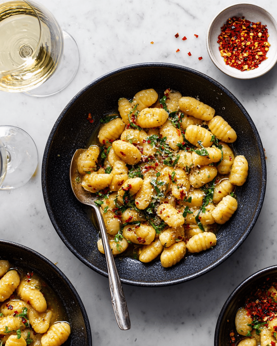 A round black bowl filled with small, golden gnocchi pieces cooked in a sauce that looks oily and shiny with green herb bits and small red chili flakes scattered on top. The gnocchi are placed closely together, covering the entire surface of the bowl. A metal spoon rests inside the bowl on the left side, touching some of the gnocchi. In the background, another black bowl with the same gnocchi dish is partially visible at the bottom right. To the upper right, a white bowl contains red chili flakes, and at the left side, there is a glass of white wine with some reflections. All items rest on a white marbled surface. photo taken with an iphone --ar 4:5 --v 7