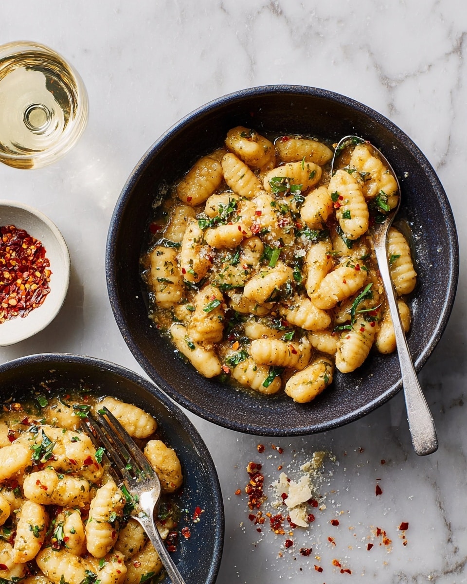 Two black bowls filled with gnocchi coated in a glossy, golden butter and herb sauce sit on a white marbled surface. The gnocchi are light beige, plump, and ridged, scattered with chopped green herbs and small red chili flakes. One bowl has a silver spoon resting inside, partially covered by the gnocchi. Nearby, a white bowl holds red chili flakes, and some flakes and small crumbs are scattered around on the surface. A glass of white wine is partially visible on the left side, its light reflecting softly on the marbled background. photo taken with an iphone --ar 4:5 --v 7