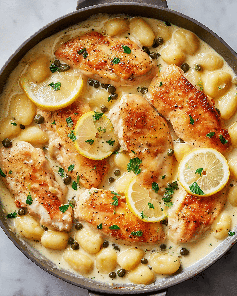 A close-up view of a skillet filled with a creamy lemon chicken dish with gnocchi. The bottom layer shows a white creamy sauce with a smooth texture, dotted with green capers and black pepper. On top of this sauce, there are several golden-brown cooked chicken breasts spreading across the pan, each piece with a slightly crisp surface and some light charring. Between and atop the chicken are small, soft gnocchi pieces that are a light yellow and fluffy in appearance. Thin lemon slices with bright yellow rind and juicy interiors are placed around the edges and under some chicken pieces. Finally, small green parsley flakes are scattered on top adding color and freshness to the dish. The skillet is placed on a white marbled textured surface. photo taken with an iphone --ar 4:5 --v 7