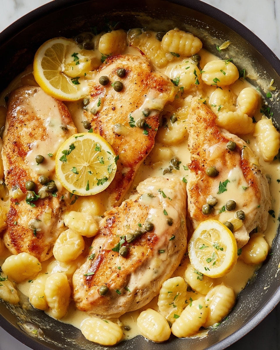 A close-up view of four golden-brown chicken breasts arranged closely in a single layer, covered with a creamy light yellow sauce that has a smooth, slightly glossy texture. Small gnocchi pieces with a soft, light yellow color are scattered around the chicken, partially coated by the sauce. Thin lemon slices with bright yellow rinds are placed between the chicken pieces. Green capers and small chopped green herbs are sprinkled evenly over everything, adding small bursts of color. The food rests in a dark pan with traces of the creamy sauce around the edges on a white marbled surface. photo taken with an iphone --ar 4:5 --v 7