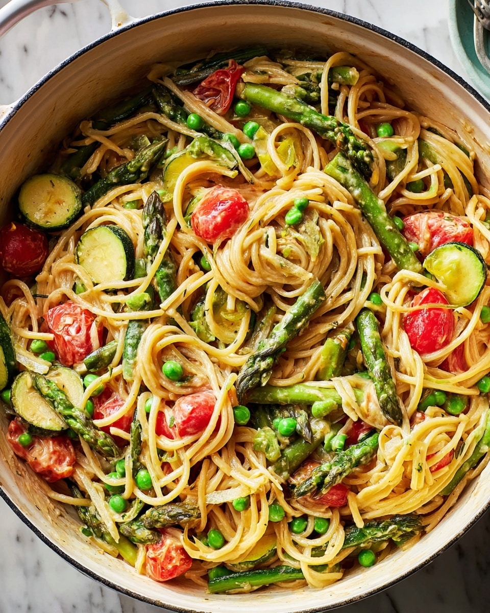 A close-up view of a large white pot filled with creamy spaghetti mixed with bright green asparagus stalks, dark green zucchini slices, small green peas, and red cherry tomato halves. The spaghetti has a light sauce that coats everything, with some noodles twirled up showing off the smooth texture. The vegetables are scattered evenly throughout, adding pops of green and red among the yellowish pasta. The pot rests on a white marbled surface. photo taken with an iphone --ar 4:5 --v 7