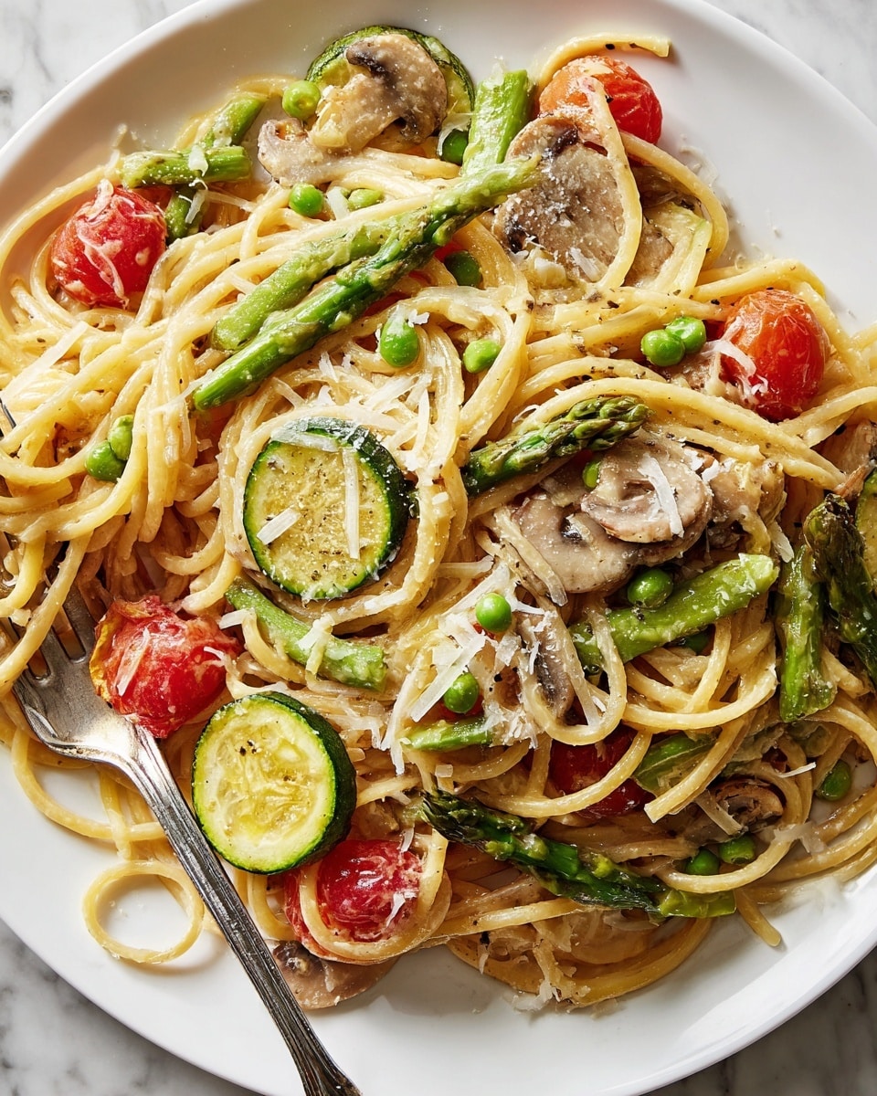 The image shows a white plate filled with a colorful spaghetti dish, featuring long, thick pasta strands covered in a light creamy sauce. Mixed among the pasta are bright green asparagus pieces, round slices of zucchini with light green centers and darker green edges, and halves of small red cherry tomatoes. There are also thinly sliced mushrooms with a soft, light brown color and small green peas scattered throughout. A silver fork rests near the bottom left, with some spaghetti loops wrapped around its tines. Tiny white shreds of grated cheese are sprinkled evenly over the top, adding texture and contrast. The plate sits on a white marbled surface, making the colors of the food stand out vividly. photo taken with an iphone --ar 4:5 --v 7