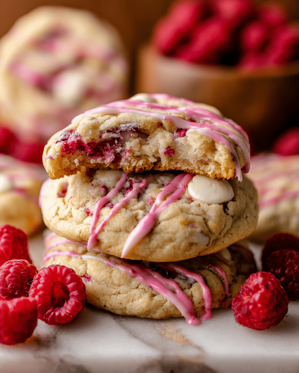 A stack of three soft cookies is shown, with the top cookie partially bitten to reveal its chewy inside. The cookies are light golden with visible white chocolate chunks and dark red raspberry pieces mixed within the dough. The middle and bottom cookies have thin pink icing drizzles in parallel lines across their tops. Bright red raspberries are placed around the cookies, adding vibrant color. The whole scene is on a white marbled texture surface with a blurred brown bowl in the background and scattered raspberries. photo taken with an iphone --ar 4:5 --v 7