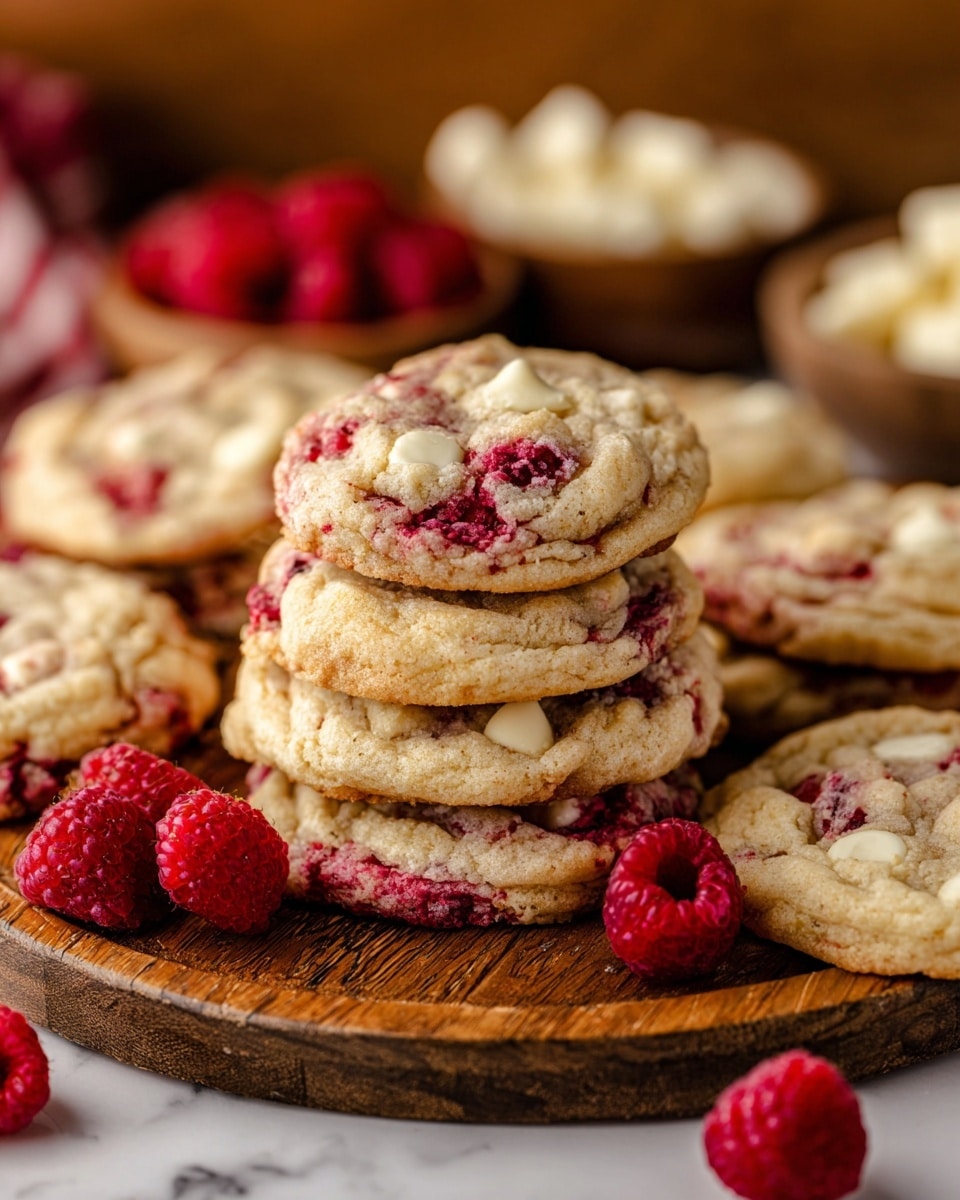 A close-up view of a stack of around eight round cookies with a light golden color and visible chunks of white chocolate and swirls of bright red raspberry throughout the dough, placed on a rustic wooden platter. Fresh whole raspberries are scattered around the cookies, adding deep red contrasts to the arrangement. In the blurred background, there are wooden bowls filled with more raspberries and a white bowl with light-colored chunks, all resting on a white marbled surface. The overall image emphasizes the soft, slightly crumbly texture of the cookies and the vibrant red of the raspberries. Photo taken with an iphone --ar 4:5 --v 7