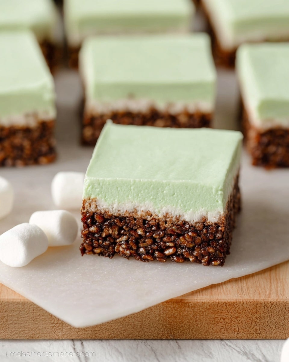This image shows a close-up of square dessert bars with two layers on a white marbled surface. The bottom layer is thick, dark brown, and crunchy with a rice crispy texture. On top, there is a thick pale green layer that looks smooth and creamy, covering the entire base evenly. The bars are cut into neat squares, and two small white marshmallows sit near the bottom corners of the front bar. The background is softly blurred with other dessert bars visible. photo taken with an iphone --ar 4:5 --v 7