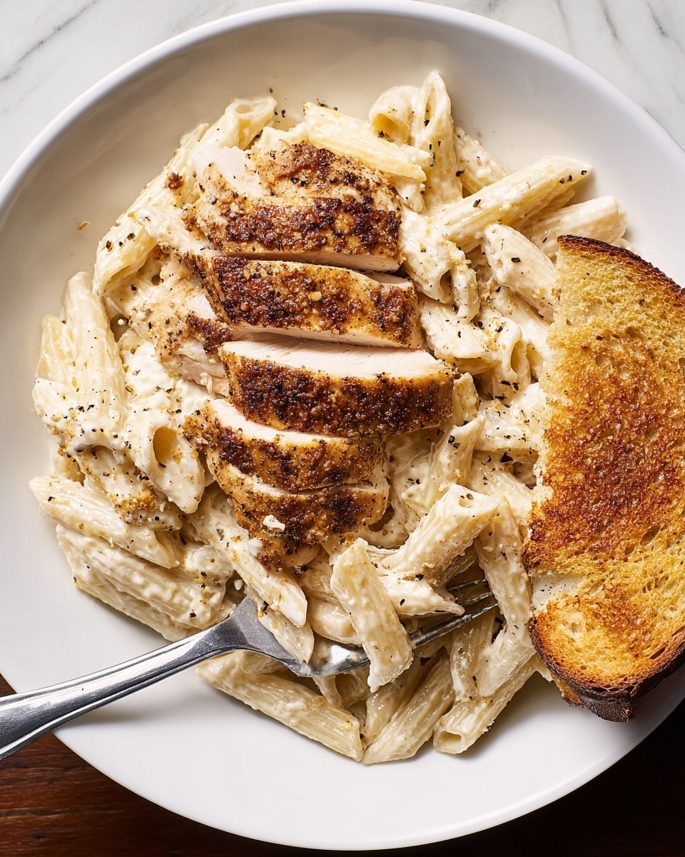 The dish shows a close-up of three thick slices of grilled chicken breast, browned with visible grill marks and lightly sprinkled with grated cheese on top. Below the chicken, there is a creamy white sauce mixed with penne pasta, which is coated evenly, creamy in texture, and slightly speckled. To the right of the chicken and pasta, there is a thick slice of toasted bread with a golden-brown, crunchy surface. A fork is holding a small portion of the creamy penne pasta near the front right edge of the white plate. The plate sits on a white marbled texture surface. photo taken with an iphone --ar 4:5 --v 7