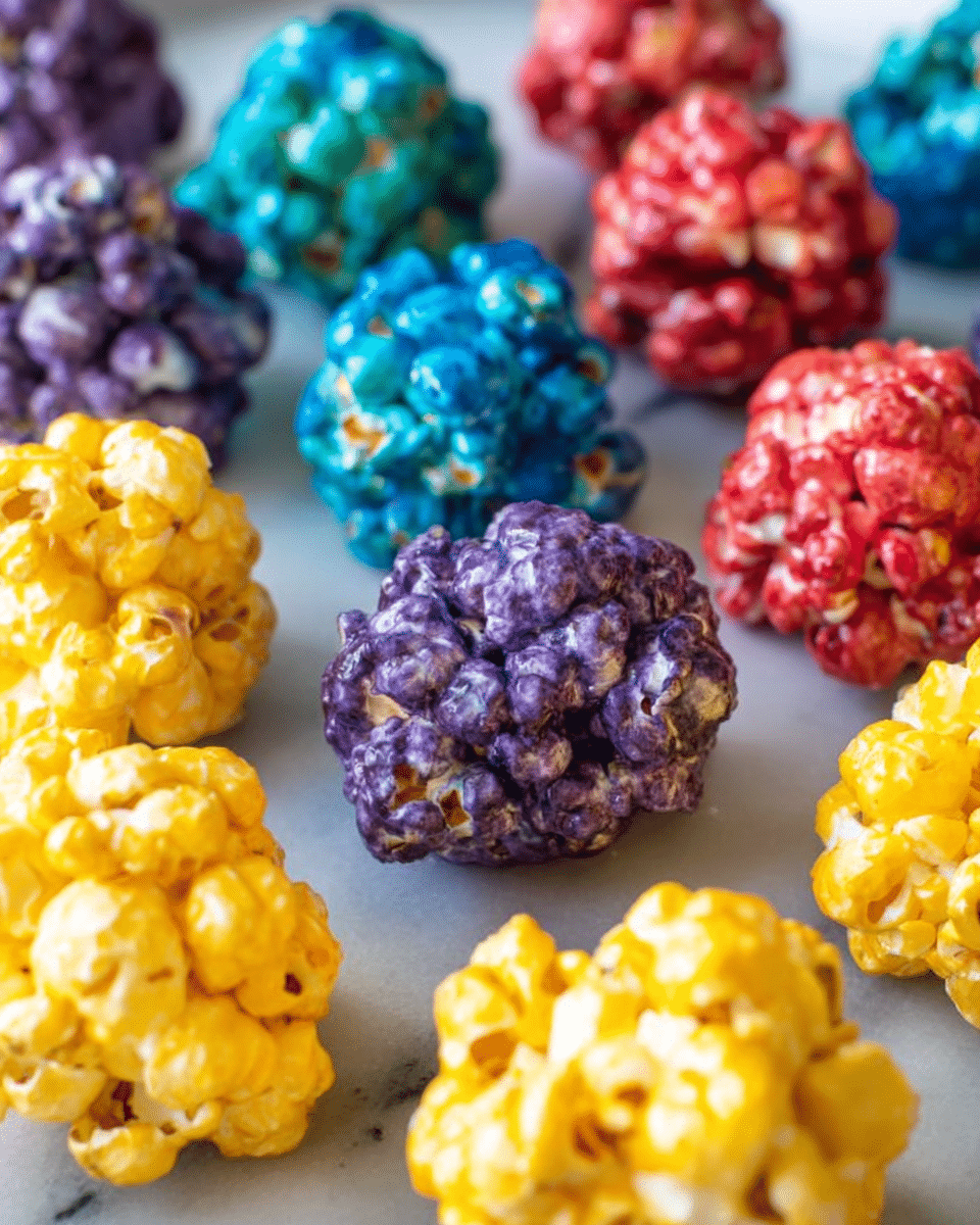 The image shows colorful popcorn balls arranged on a white marbled surface, with no visible plate. The popcorn balls come in four main colors: purple with a shiny, sticky texture; bright red with a glossy, smooth surface; vibrant blue with a slightly bumpy finish; and yellow with a fresh, light coating that highlights the popcorn kernels. They are scattered in rows, with the purple ones in the front center, the yellow ones at the bottom foreground, the red ones behind the purple, and the blue ones in the background. The popcorn balls have a round shape and a dense, clumped look, with some shiny spots reflecting light, showing a slightly sticky texture. Photo taken with an iphone --ar 4:5 --v 7