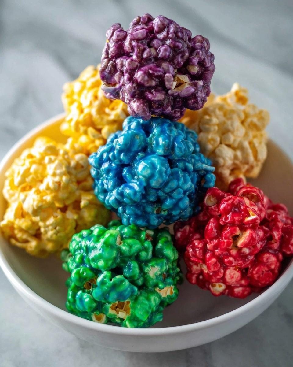 A white bowl holds six colorful popcorn balls, each a different bright color and tightly packed. The top layer is a purple popcorn ball, positioned slightly above the rest. Below it, there are five popcorn balls arranged in a circle: a yellow one on the left, a red one slightly to the right, a blue one in front left, and two green ones, one front right and one back right. Each popcorn ball has a glossy texture and the popcorn kernels are clearly visible with each coated in the vibrant colored syrup. The scene is set against a white marbled surface. Photo taken with an iphone --ar 4:5 --v 7