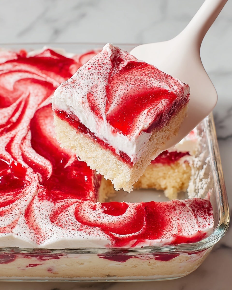 The image shows a dessert with three clear layers in a glass dish. The bottom layer is a light tan cake, the middle layer is a glossy red jelly or jam, and the top layer is thick white cream dusted with bright red powder, with swirls on the surface. A white spatula holds a square piece with all three layers, lifting it above the dish, revealing the creamy bottom layer and red middle layer clearly. The background is a white marbled texture. photo taken with an iphone --ar 4:5 --v 7