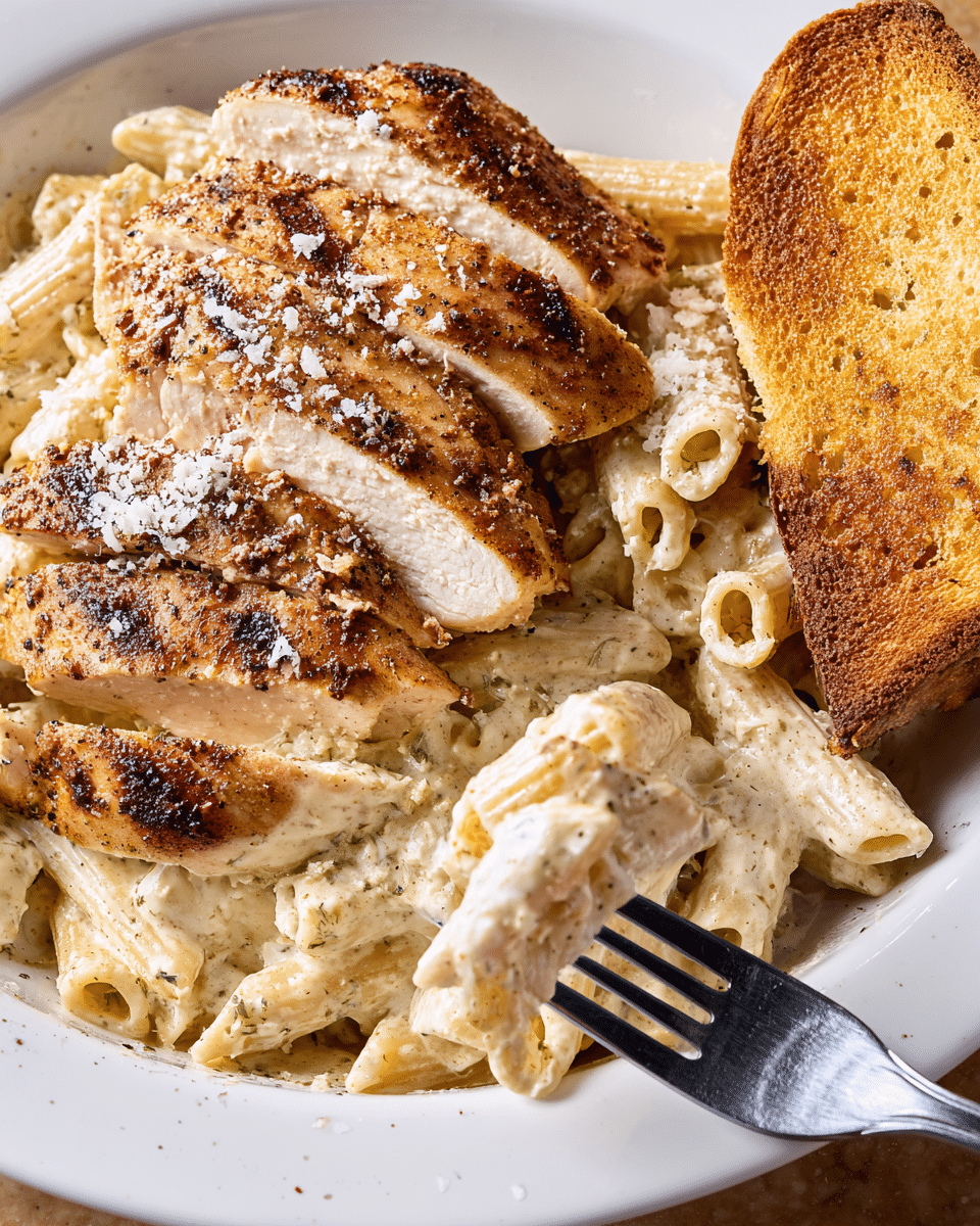 A white plate on a white marbled texture surface holds three main layers: the base is creamy white penne pasta mixed well with white sauce, sprinkled lightly with black pepper for specks of dark color; on top lies a sliced piece of grilled chicken breast with a dark brown, slightly crispy crust and soft white inside visible in each slice; to the right side of the plate sits a single piece of toasted bread with a golden-brown color and seeded texture. A silver fork is placed at the bottom edge of the plate, partially under the pasta. Photo taken with an iphone --ar 4:5 --v 7