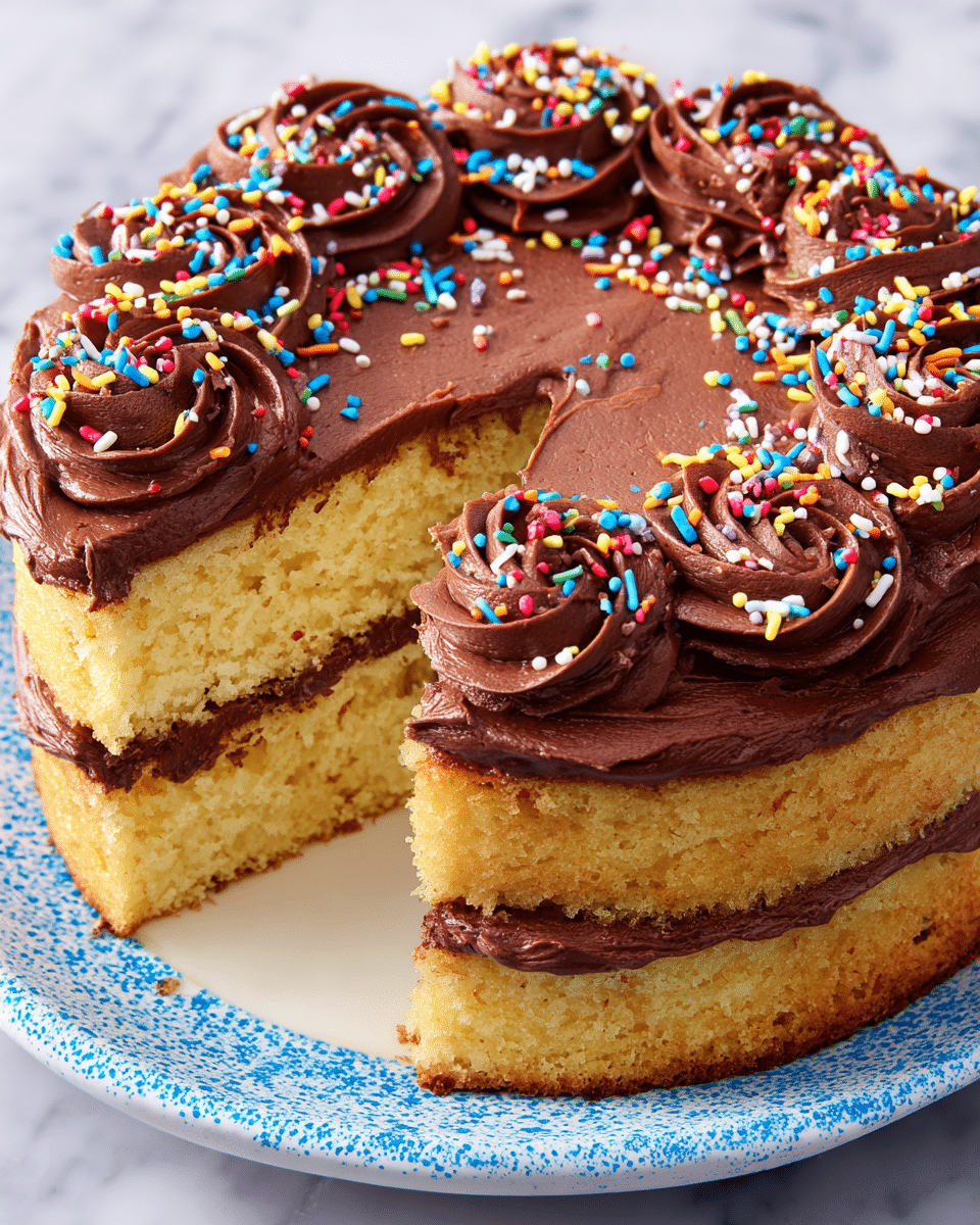 A two-layer yellow cake sits on a white plate with a blue speckled pattern. Each layer is moist and crumbly with a smooth, thick layer of rich brown chocolate frosting between them. The top of the cake is covered with the same chocolate frosting, smoothed flat in the center and decorated around the edge with large, swirled rosettes of chocolate frosting. Bright, colorful round sprinkles in various sizes, including red, white, blue, yellow, orange, green, and pink, are scattered over the top and around the frosting rosettes. The scene is set on a white marbled texture. Photo taken with an iphone --ar 4:5 --v 7