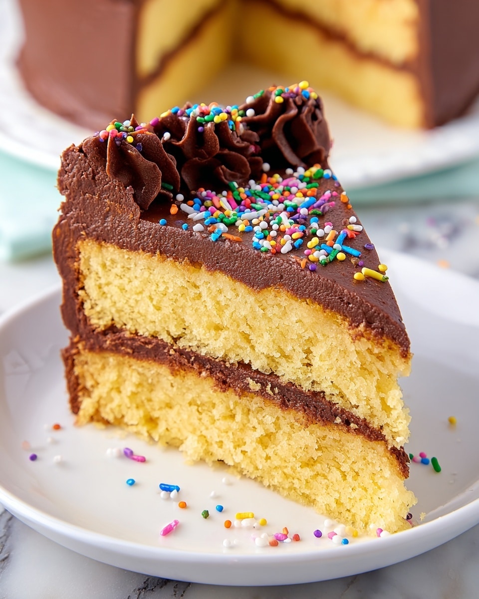 A slice of yellow cake with two layers sits on a white plate on a white marbled surface. The bottom layer and the top layer are yellow and look soft and moist. Between the two yellow layers is a thick layer of smooth, dark chocolate frosting. The top of the cake slice is covered with the same dark chocolate frosting, shaped into swirls and decorated with small, round, colorful sprinkles. A few sprinkles are scattered on the white plate around the cake slice. In the background, parts of another slice of chocolate frosting cake are visible on a white plate. Photo taken with an iphone --ar 4:5 --v 7