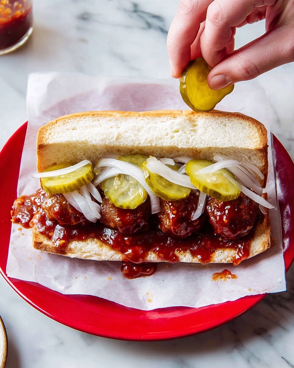 The image shows a sandwich on a white toasted bun with three visible layers inside: a base layer of a brown toasted bun, a thick layer of dark red barbecue sauce-covered meatballs in the middle, and on top white slices of onion and green pickle slices scattered across. A woman's hand is placing one pickle slice on the sandwich. The sandwich sits on white parchment paper on a red plate, all set on a white marbled surface. Photo taken with an iphone --ar 4:5 --v 7