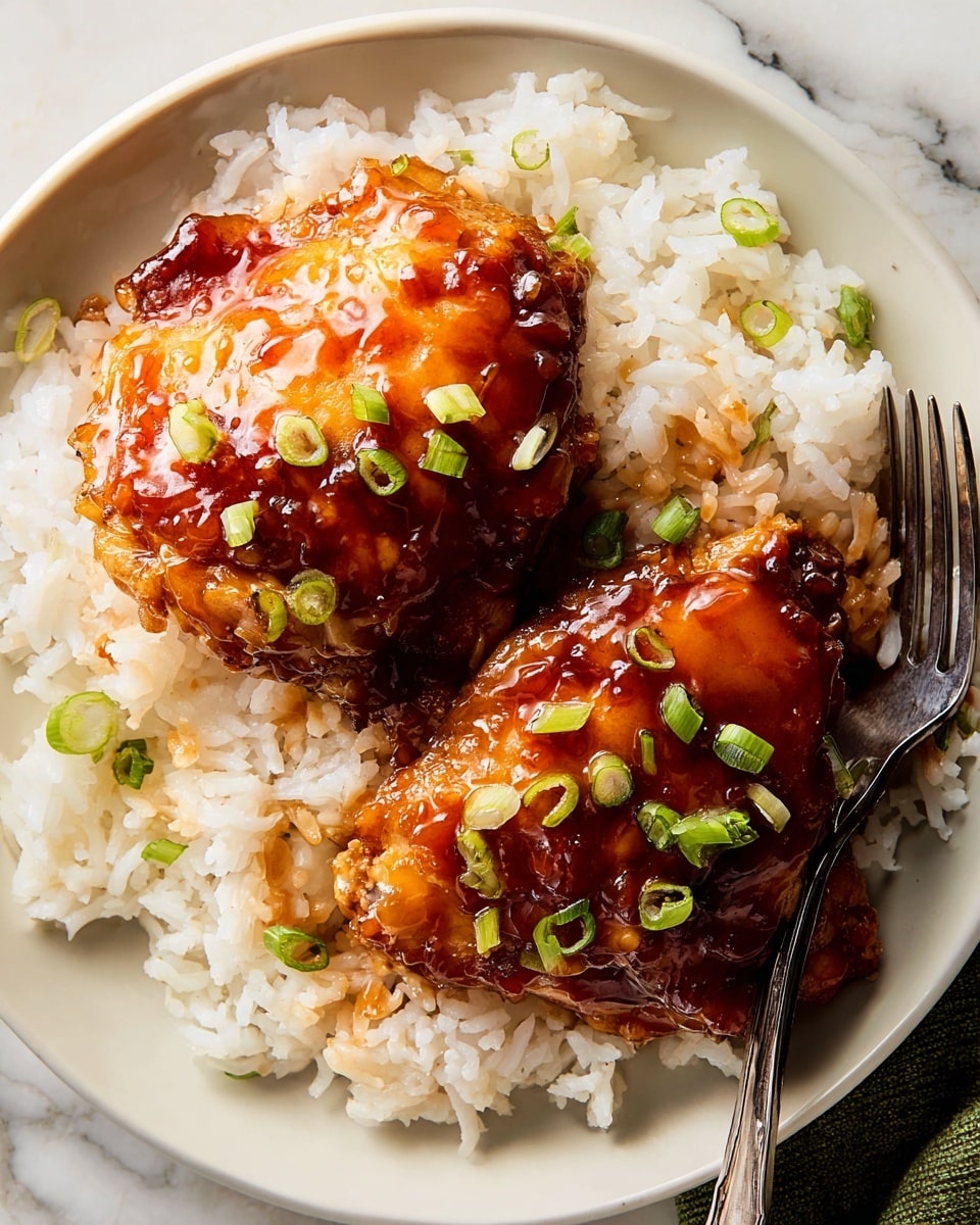 A close-up top view of two pieces of glazed chicken thighs with a shiny, reddish-brown sauce, garnished with small chopped green onions scattered on top. The chicken sits on a bed of fluffy, white rice, and a silver fork is placed on the edge of a white plate holding the food. The whole scene is set on a white marbled surface. photo taken with an iphone --ar 4:5 --v 7