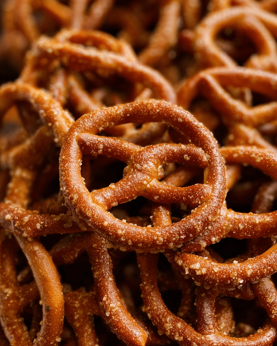 The image shows a close-up view of many small pretzels piled on top of each other. Each pretzel is golden brown with a rough texture, covered in tiny grains of salt and seasoning that add a light sparkle. The pretzels have a classic looped shape with a smooth surface in some areas and crunchy spots in others. The background is blurred, focusing closely on the pretzels' intertwined shapes and rich, warm colors. photo taken with an iphone --ar 4:5 --v 7