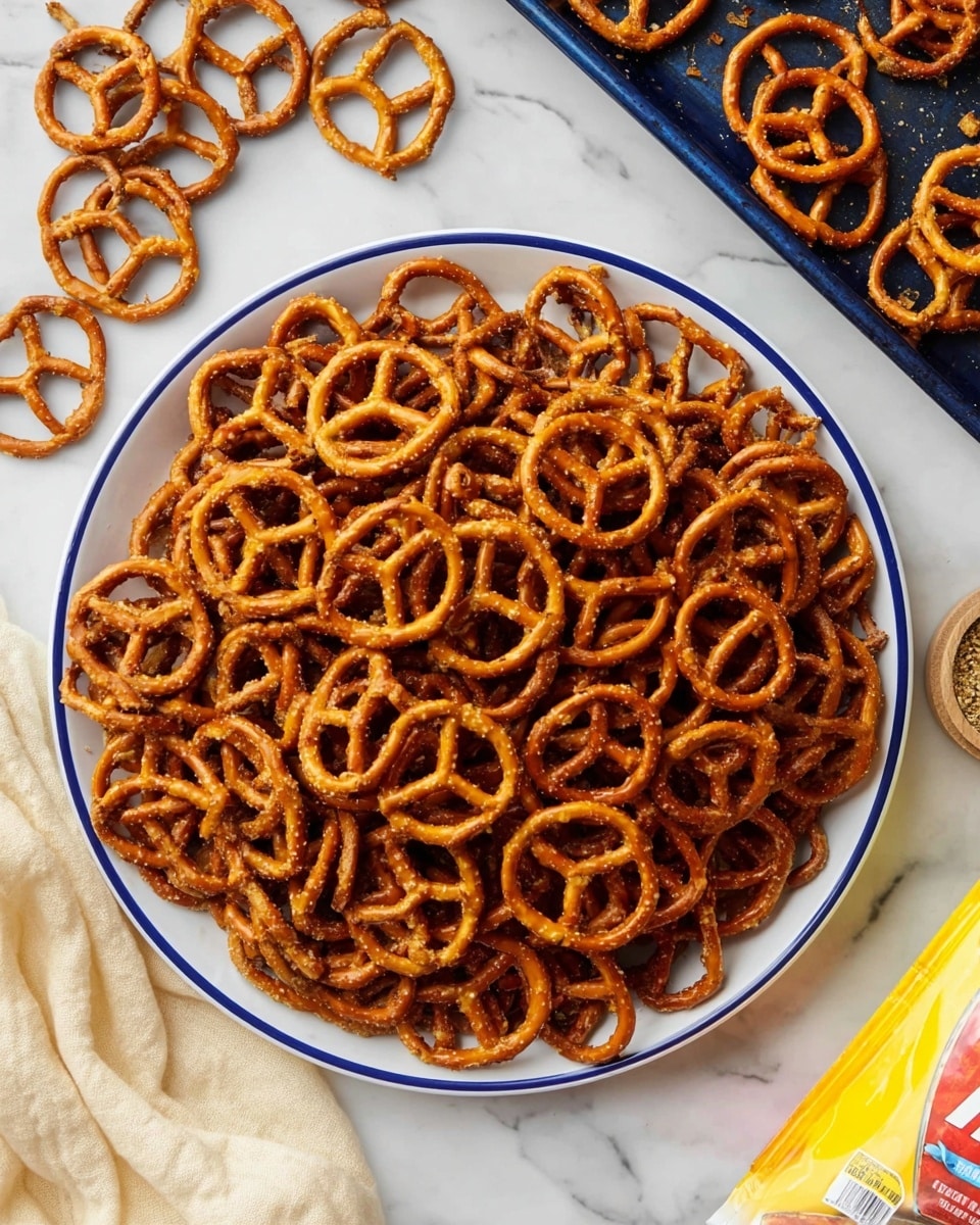A large white plate with a thin dark blue rim is filled with a thick pile of golden brown pretzels that have a crunchy, seasoned coating. Around the plate, a few pretzels lie scattered on a white marbled surface. In the background, there is a dark blue baking tray also covered with pretzels and a partially visible yellow and white bag of seasoning to the right. A soft, cream-colored cloth is partially visible near the bottom left corner. The image is bright and captures the crunchy texture of the pretzels well. photo taken with an iphone --ar 4:5 --v 7