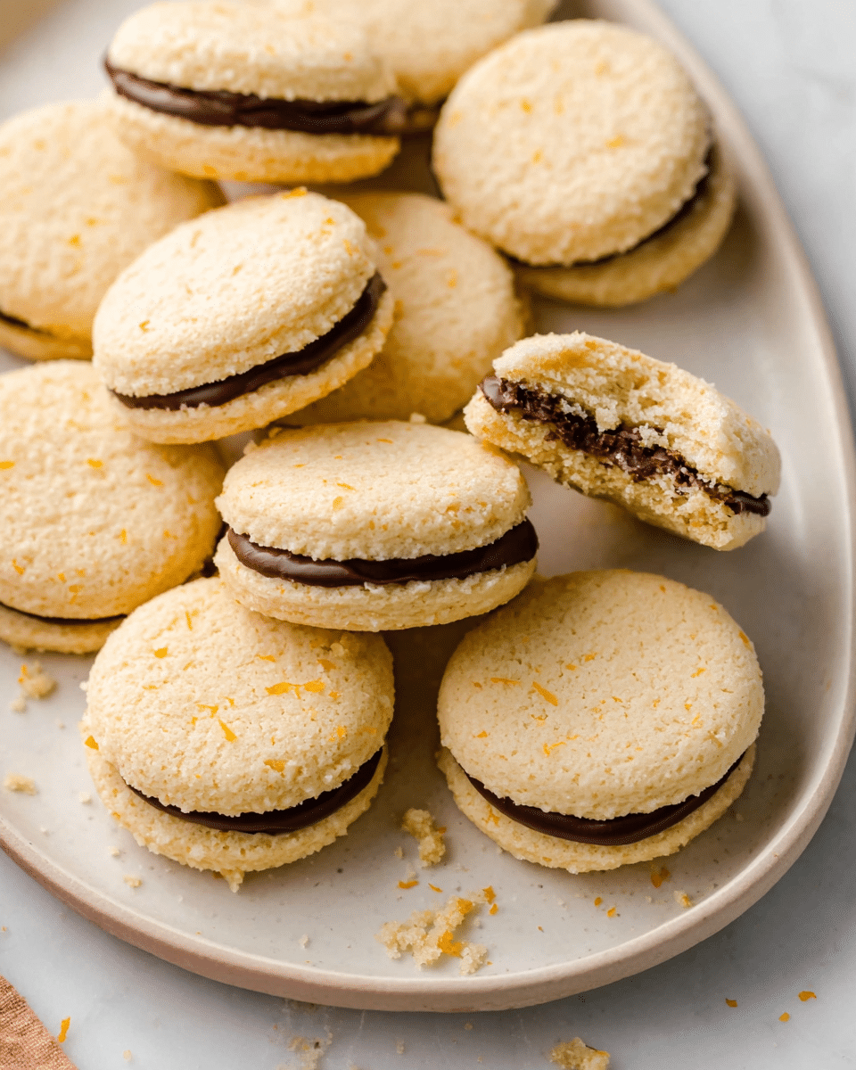 A close-up view of several round sandwich cookies arranged on a white plate with a soft, light beige color. Each cookie has two round layers with a slightly crumbly texture, showing light specks of orange zest on the surface. Between the two cookie layers, there is a thick, smooth, dark chocolate filling, creating a clear two-layer contrast. One cookie near the center has a bite taken out, revealing both the crumbly cookie and rich chocolate inside. The plate sits on a white marbled surface with some cookie crumbs scattered around, adding a natural and casual look to the presentation. photo taken with an iphone --ar 4:5 --v 7