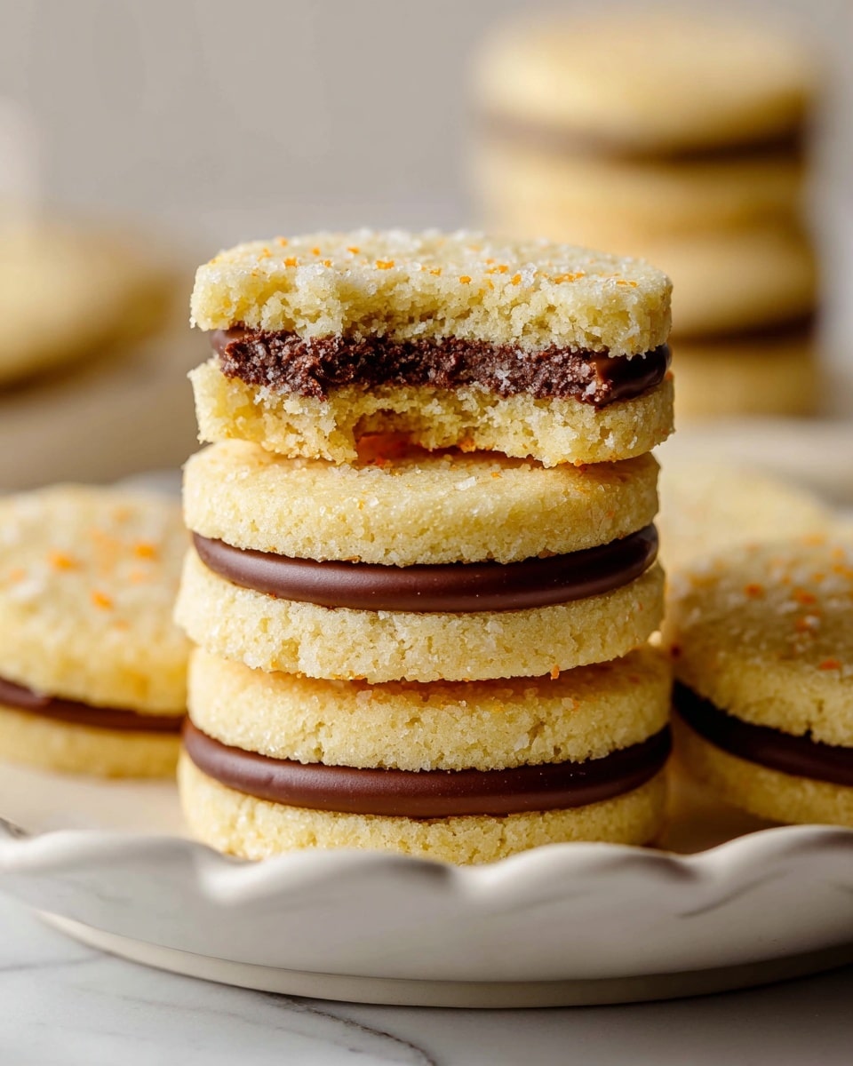 A close-up of a stack of sandwich cookies on a white plate with a scalloped edge, placed on a white marbled surface. Each cookie has two light yellow, crumbly, round layers with tiny orange specks, sandwiching a thick, smooth dark brown chocolate filling. The top cookie in the stack has a bite taken out of it, showing the crumbly texture of the cookie layers and the dense chocolate filling inside. More whole sandwich cookies are placed next to the stack in soft focus. The color palette is warm and neutral, with soft natural light highlighting the textures. Photo taken with an iphone --ar 4:5 --v 7