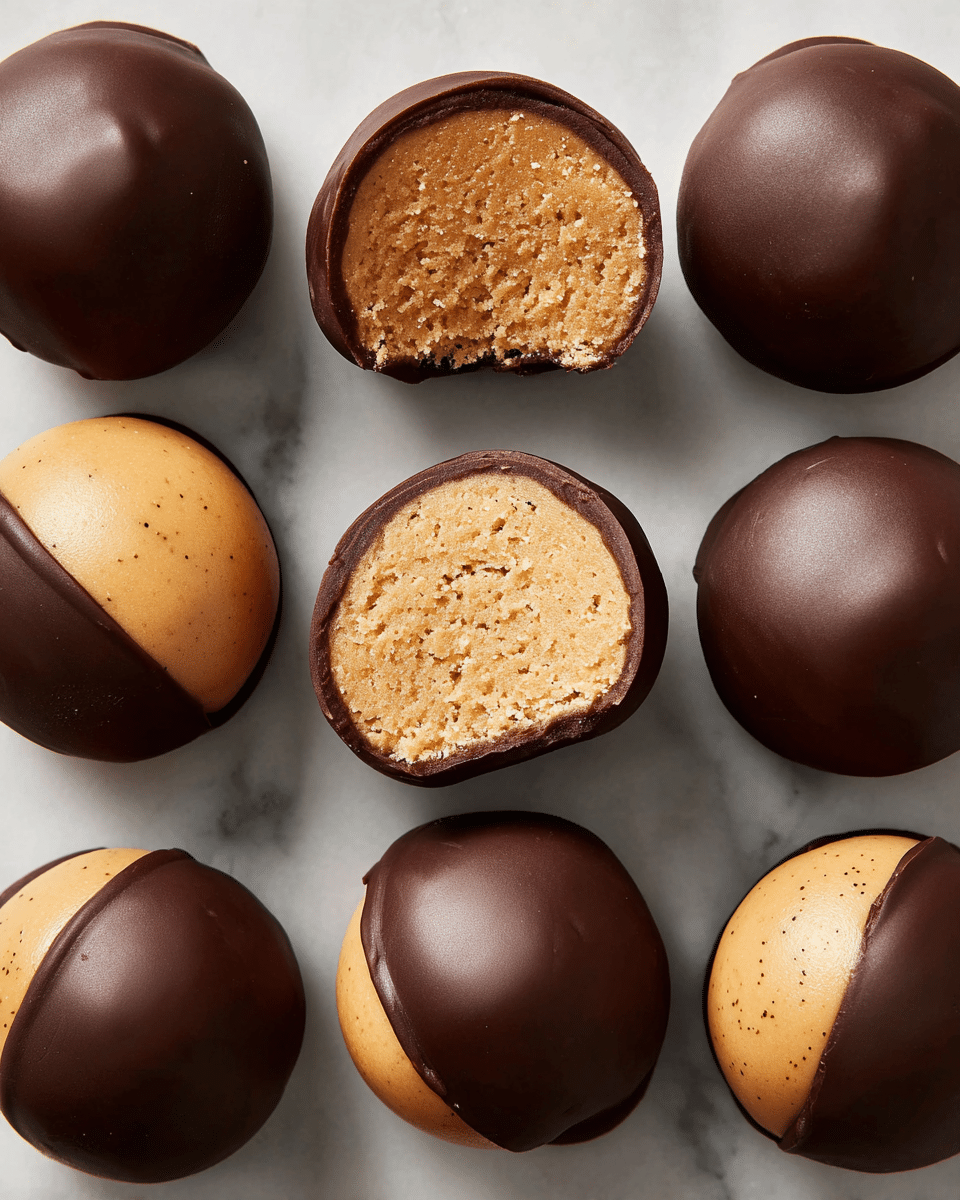 The image shows a close-up of nine round chocolate-covered peanut butter balls arranged in a neat grid on a white marbled surface. Each ball has two visible layers: a smooth and glossy dark brown chocolate coating that covers the lower half and sides, and a light tan peanut butter top layer with a slightly rough texture and tiny specks. One peanut butter ball is halved, revealing an inside filled with a dense and crumbly peanut butter mixture in a tan color, surrounded by the thin chocolate shell. The lighting highlights the smooth, shiny chocolate and the soft texture of peanut butter on top. photo taken with an iphone --ar 4:5 --v 7