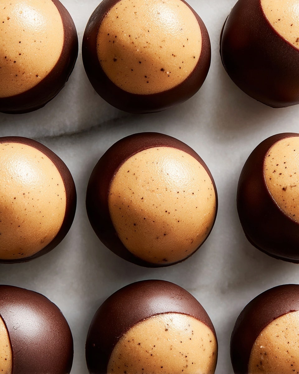 The image shows round treats with two visible layers arranged closely on a white marbled surface. Each treat has a smooth, light brown top layer that looks creamy and soft, covering about half of the sphere. The bottom layer is dark brown, glossy, and firm, covering the other half of the treat in a clean, even dip. The surface texture of the top layer is slightly matte with faint speckles, while the bottom layer shines under the light. Photo taken with an iphone --ar 4:5 --v 7
