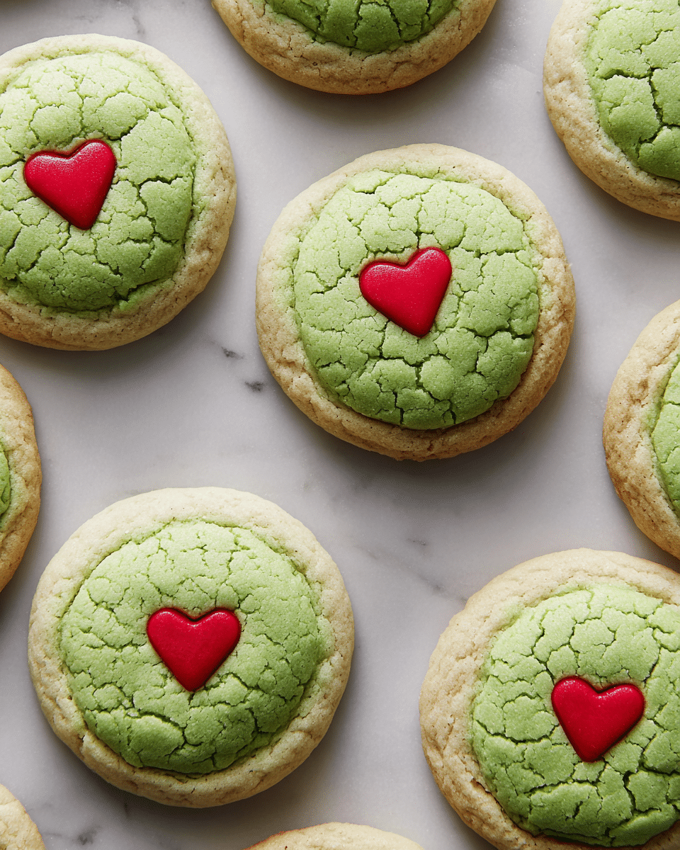 The image shows several round cookies spread out on a white marbled surface. Each cookie has two layers: the bottom layer is a light golden brown, while the top layer is a soft, textured light green with visible cracks and bubbles. In the middle of each cookie's green top, there is a small, bright red heart-shaped decoration that stands out sharply against the green. The cookies vary slightly in shape but are mostly circular and have a soft, crumbly appearance. photo taken with an iphone --ar 4:5 --v 7