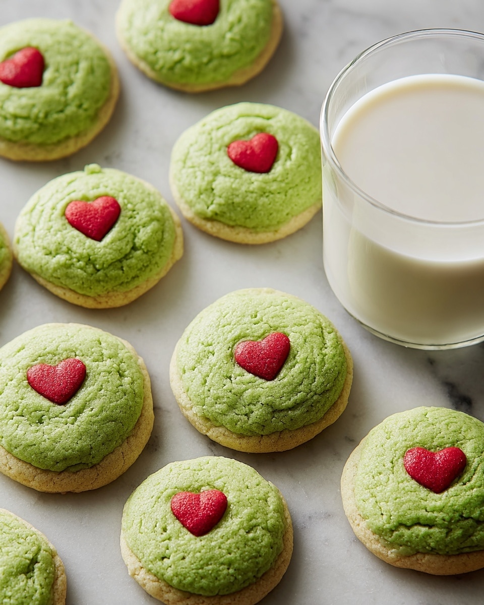 A group of round, green cookies is spread out on a white marbled surface, each cookie topped with a small red heart decoration in the center. The cookies have a soft, slightly bumpy texture with a golden-brown edge showing underneath. On the right side, there is a clear glass filled with white milk, placed on the same white marbled surface. The overall look is bright and clean, with the green and red colors standing out clearly. photo taken with an iphone --ar 4:5 --v 7