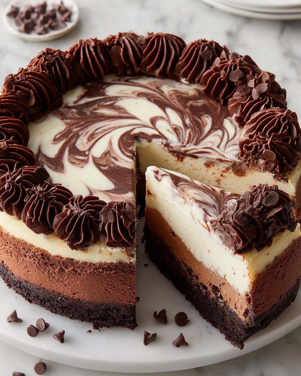The image shows a round chocolate cheesecake with three visible layers on a white plate set on a white marbled surface. The bottom layer is dark brown, dense chocolate cake, topped by a lighter, creamy cheesecake layer, followed by a thin rich chocolate mousse layer. The top surface of the cake has a marbled swirl pattern of dark chocolate and creamy white chocolate, surrounded by thick, dark brown piped chocolate rosettes along the edge. Small chocolate chips are scattered around the cake on the plate. One slice is cut and slightly pulled out to the right, showing the clean layered cross-section of the cake photo taken with an iphone --ar 4:5 --v 7