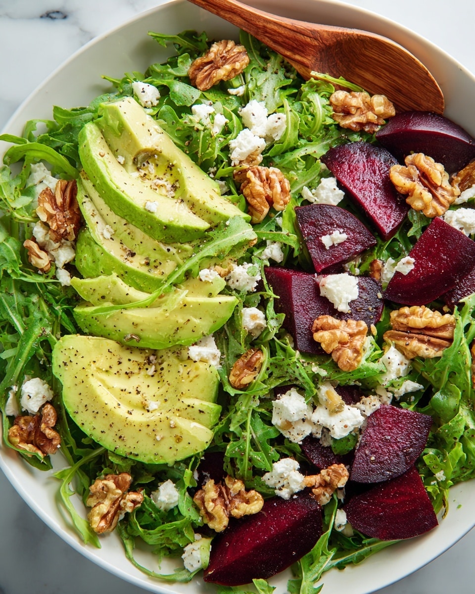 A fresh salad in a white bowl with a white marbled surface, made up of several layers: the bottom layer is bright green arugula leaves with a slightly rough texture; scattered on top are deep purple beet slices, smooth and glossy, cut into wedges; creamy light green avocado slices with a soft texture are layered next, each sprinkled lightly with black pepper; small pieces of white crumbled cheese add a rough, soft contrast, while golden brown crunchy walnut halves are spread throughout; a wooden spoon peeks slightly from the side, enhancing the natural look. photo taken with an iphone --ar 4:5 --v 7