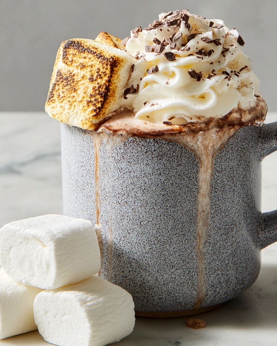 A close-up of a textured gray cup filled with hot chocolate showing three toasted marshmallows on top, each with a golden-brown, slightly charred surface. Behind the marshmallows, a large swirl of white whipped cream rises with soft, fluffy peaks, sprinkled with small, fine shavings of chocolate. Some melted chocolate drips down the side of the cup, creating a rich, messy look. The cup sits on a white marbled surface with scattered bits of chocolate around it. photo taken with an iphone --ar 4:5 --v 7