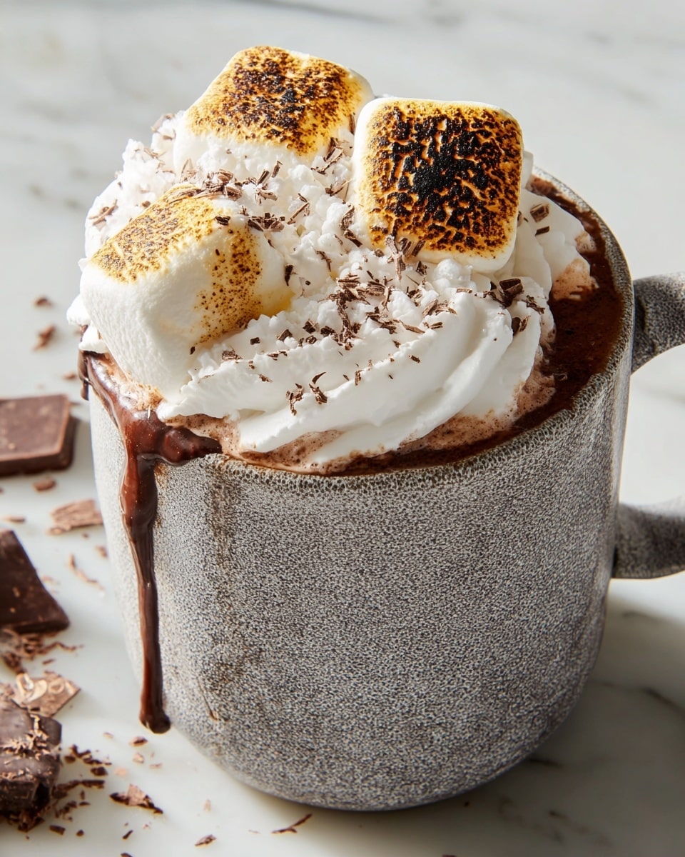 A close-up of a gray speckled ceramic mug filled with hot chocolate, topped with two toasted golden brown marshmallows on one side and a large swirl of white whipped cream sprinkled with small chocolate shavings on the other side. The whipped cream is slightly melting, with a drip running down the side of the mug. In front of the mug, there are several white marshmallows stacked on a white marbled surface. The lighting softly highlights the textures of the marshmallows and whipped cream. Photo taken with an iphone --ar 4:5 --v 7