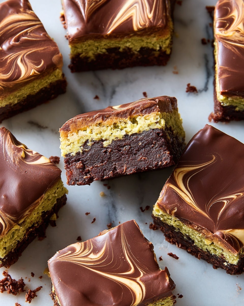 The image shows a close-up view of square dessert bars arranged neatly side by side on a white marbled surface. Each bar has three layers: a dark brown bottom layer that looks dense and fudgy, a thick middle layer in light brown with a rough texture suggesting a peanut butter or oat mixture, and a smooth glossy top layer of chocolate with light caramel-colored swirls gently mixed in. The bars have clean edges and the chocolate top is thick enough to hold the swirled patterns clearly. The lighting highlights the shiny top and rough middle layers, making them look rich and creamy. Photo taken with an iphone --ar 4:5 --v 7