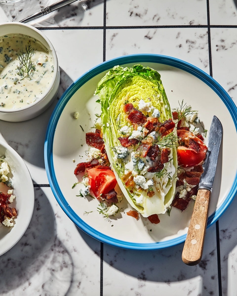 A wedge of light green lettuce sits in the center of a white plate with a blue inside rim. On top and around the lettuce wedge are chunks of red tomato, crispy dark brown bacon pieces, white and blue-veined cheese crumbles, and creamy white dressing with green herb flecks. A silver knife with a wooden handle rests diagonally along the left side of the plate. To the top left, there is a white bowl with creamy dressing garnished with green herbs. The setup is placed on a white marbled surface with a black grid pattern. photo taken with an iphone --ar 4:5 --v 7