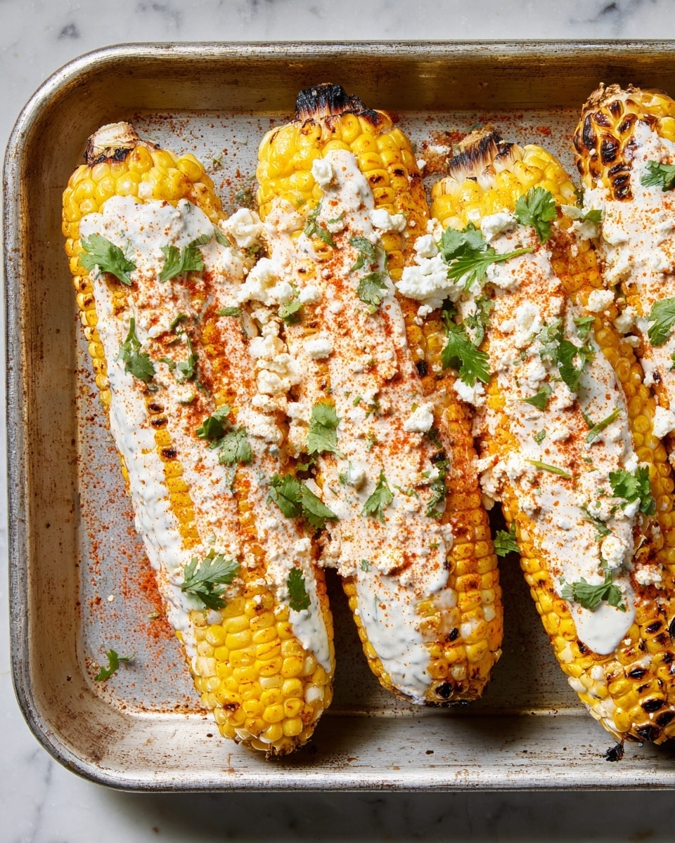 Three grilled corn ears lay side by side in a rectangular metal pan, each covered in a creamy white sauce that drips slightly over the bright yellow, charred kernels. The corn is sprinkled with white crumbled cheese and orange-red chili powder, with small green cilantro leaves scattered on top, adding bursts of green color. The metal pan has a worn, rustic look that contrasts with the vibrant corn. The image is set against a white marbled texture. photo taken with an iphone --ar 4:5 --v 7