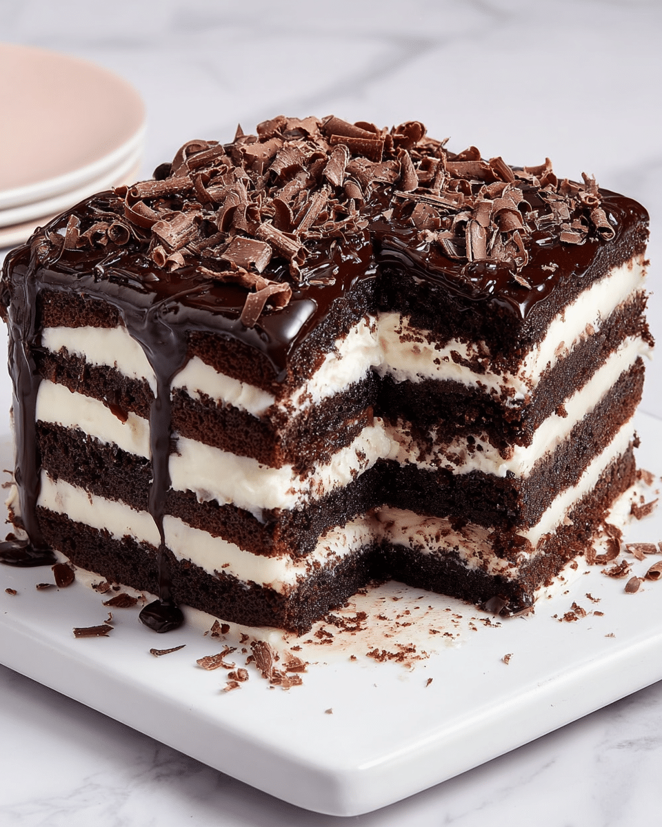 A thick square layered cake with visible four layers of dark chocolate sponge, each separated by creamy white frosting that is smooth and slightly thick, some frosting dripping down a little on the sides. The top layer is covered with a shiny, dark chocolate glaze that flows slightly over the edges, decorated with many small, curled chocolate shavings scattered evenly across the surface. A slice of the cake is cut out showing the clear contrast between the dark cake and white frosting layers. The cake sits on a white square plate against a white marbled background. Photo taken with an iphone --ar 4:5 --v 7