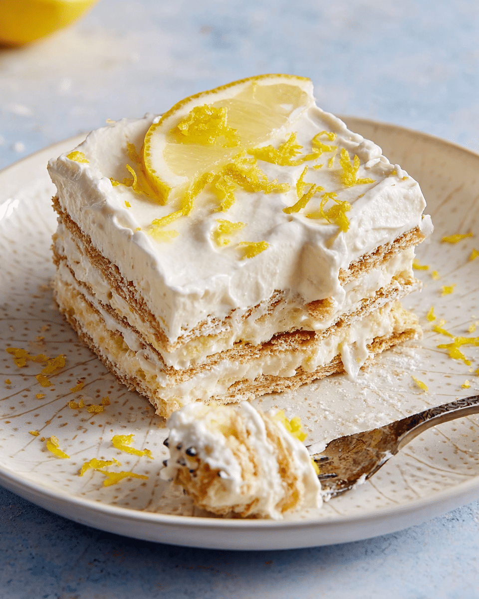A square piece of lemon-flavored layered dessert sits on a white plate with a subtle pattern, placed on a white marbled surface. The dessert has five visible layers of soft, light brown biscuits alternating with thick, creamy white filling. The top layer is smooth cream decorated with bright yellow lemon zest scattered over and a small lemon slice placed near one corner. A fork with some cream stuck on its tines rests on the edge of the plate, with some cream and lemon zest also scattered lightly around. photo taken with an iphone --ar 4:5 --v 7