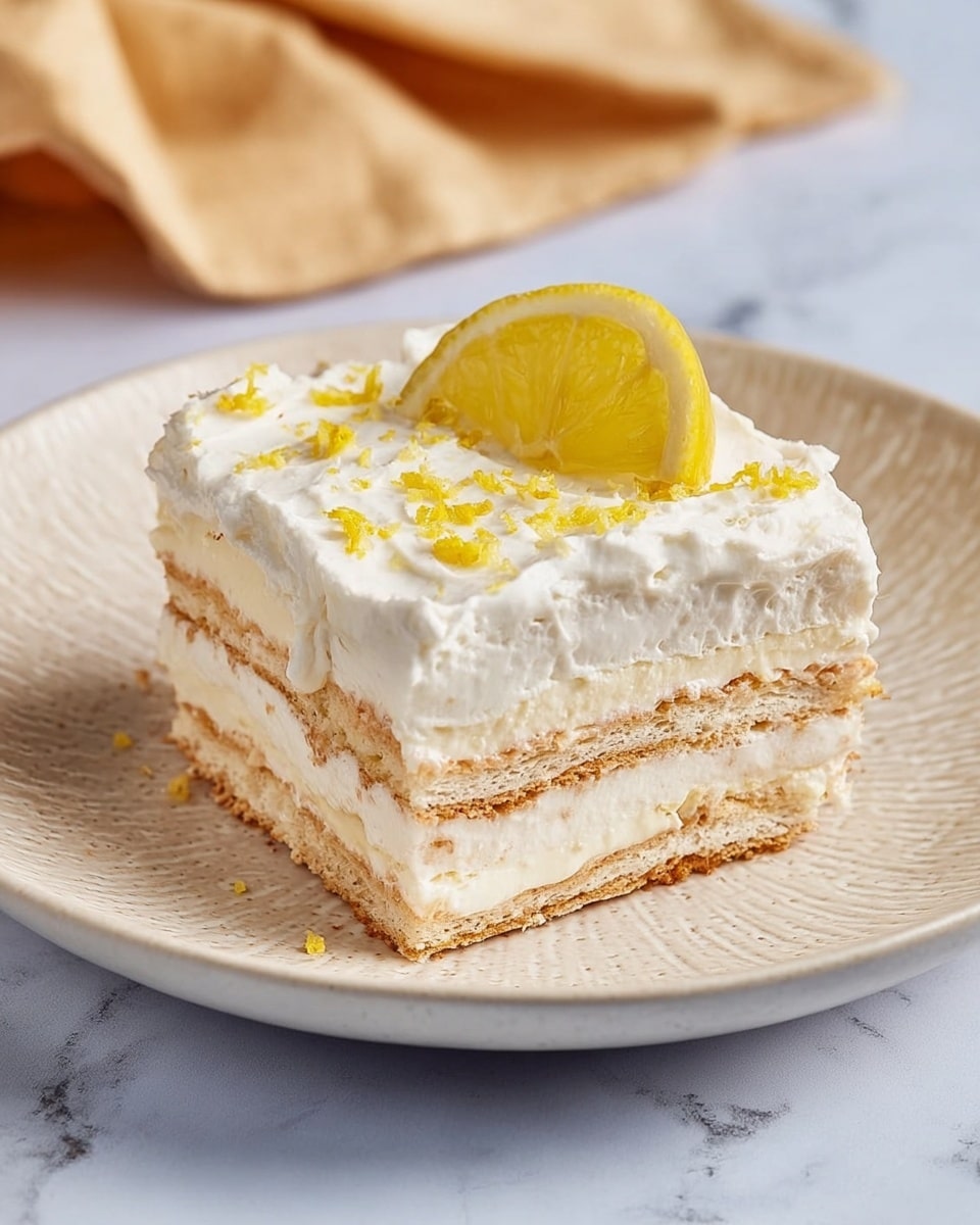 A square slice of a layered dessert sits on a white plate with a subtle textured pattern. The dessert has four visible layers, alternating between soft light beige biscuit-like layers and thick white creamy layers. The top is covered with an even spread of white cream, sprinkled with small yellow lemon zest pieces, and adorned with a small lemon wedge resting on one corner. The plate is placed on a white marbled surface, with a folded tan cloth partially visible in the background. Photo taken with an iphone --ar 4:5 --v 7
