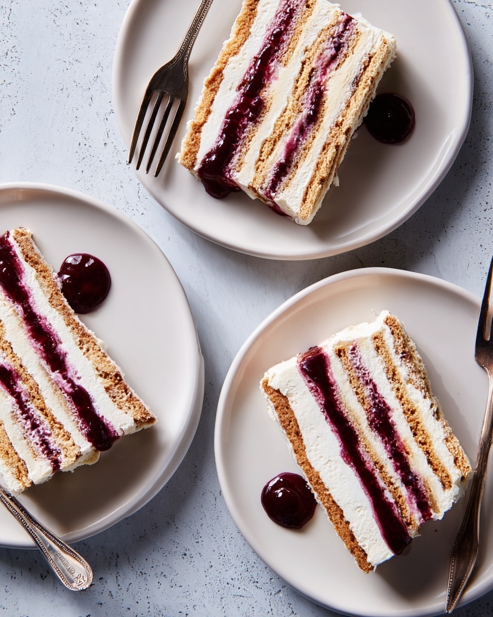 Three slices of layered dessert are placed on white plates, each slice showing four alternating layers of light brown biscuit and creamy white filling. Between the layers, there are thin streaks of dark purple berry sauce, with a small dollop of the same sauce on the side of each slice. Each plate has a silver fork next to the dessert. The scene is set on a white marbled texture, creating a clean and fresh look. Photo taken with an iphone --ar 4:5 --v 7