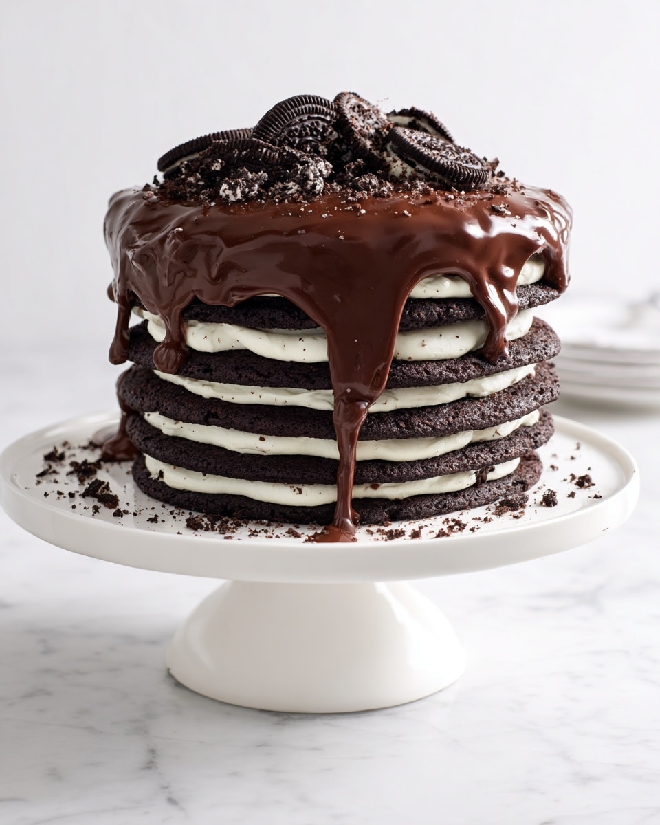 A tall stack cake on a white cake stand with about six layers of thin, round dark chocolate cookies separated by thin layers of white cream filling. The top layer has thick, glossy dark chocolate sauce that drips unevenly down the sides, with crushed chocolate sandwich cookies sprinkled on top. The surface is clean with a white marbled texture in the background. photo taken with an iphone --ar 4:5 --v 7