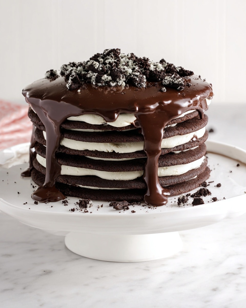 A dark chocolate cookie stack cake sits on a white cake stand over a white marbled surface, consisting of six visible layers of round, dark brown cookies with smooth white cream filling between each layer, topped with a thick, glossy layer of rich dark chocolate ganache that drips over the edges and onto the stand, sprinkled with crushed pieces of cookies in black and white on top, the texture of the ganache smooth and shiny contrasting with the crumbly cookie pieces. photo taken with an iphone --ar 4:5 --v 7