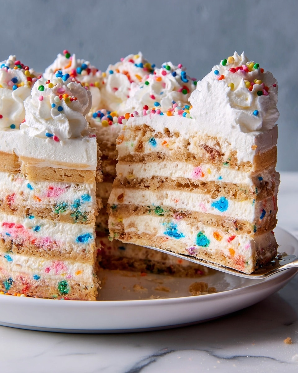 The image shows a close-up of a slice of layered cake with seven visible layers of light brown cake and six layers of white cream with colorful sprinkles mixed in. The top layer is thick white cream topped with white whipped cream dollops and multicolored sprinkles in red, blue, green, pink, orange, and yellow. A piece of the cake is lifted by a fork from the right side, showing the same layered structure. The cake rests on a white plate, placed on a white marbled surface, with a gray background. photo taken with an iphone --ar 4:5 --v 7