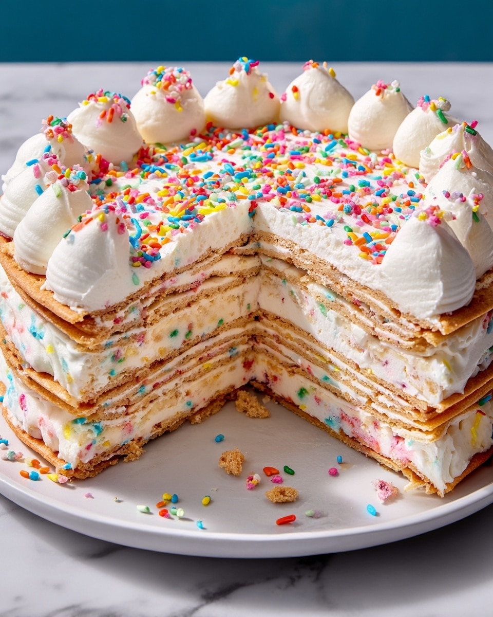 The image shows a colorful layered dessert on a white plate, placed on a white marbled surface. The dessert has five visible layers, each consisting of thin, light tan cookie or wafer layers alternating with thick, creamy white frosting that has small colorful sprinkles mixed in. The top layer is fully covered in the same creamy frosting, decorated with a ring of white dollops evenly spaced around the edge, each dollop topped with multicolored sprinkles. Brightly colored sprinkles are scattered across the top surface and around the base. One large slice is missing, revealing the textures and colorful layers inside. Photo taken with an iphone --ar 4:5 --v 7