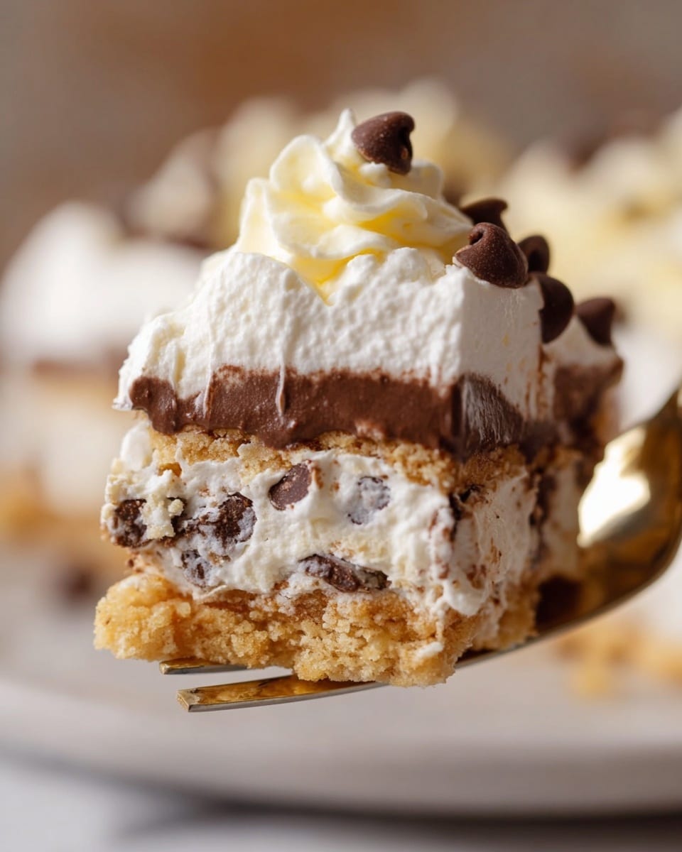 The image shows a close-up of a layered dessert piece held by a fork. From bottom to top, the dessert has a crumbly, golden-brown crust layer followed by a thick, creamy white layer mixed with chocolate chips or chunks. Above this is a thin, rich dark chocolate layer, then another creamy white layer, topped with a fluffy white whipped topping. On top of the whipped cream is a small dollop of pale yellow cream with a few small chocolate chips, creating a soft, textured look. The background is a white marbled texture. photo taken with an iphone --ar 4:5 --v 7