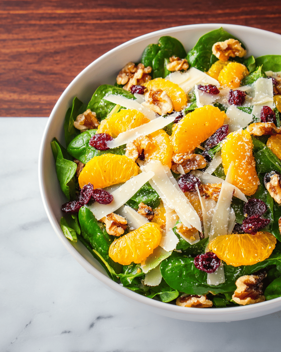 A fresh salad served in a white bowl showing a colorful mix of layers: the base is full of bright green spinach leaves, topped with shiny orange mandarin slices spread evenly around. Mixed in are rough chunks of light brown walnuts and dark red dried cranberries scattered throughout. Thin, off-white shavings of cheese are placed over the salad, with small crystals of coarse salt sprinkled on top. The entire bowl is set on a white marbled surface. photo taken with an iphone --ar 4:5 --v 7