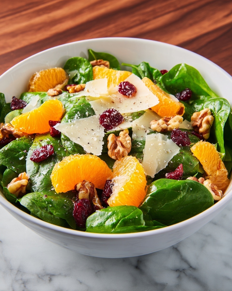 A white bowl filled with fresh spinach leaves as the base layer, dark green with a smooth and slightly shiny texture. On top, bright orange mandarin segments are scattered evenly, adding a juicy contrast. There are also small clusters of deep red dried cranberries distributed throughout. Rough chunks of light brown walnuts are placed among the fruits and greens. Thin, wide, off-white cheese shavings are spread generously over the salad, with a few flakes of coarse salt and black pepper visible on top. The bowl sits on a white marbled surface. photo taken with an iphone --ar 4:5 --v 7
